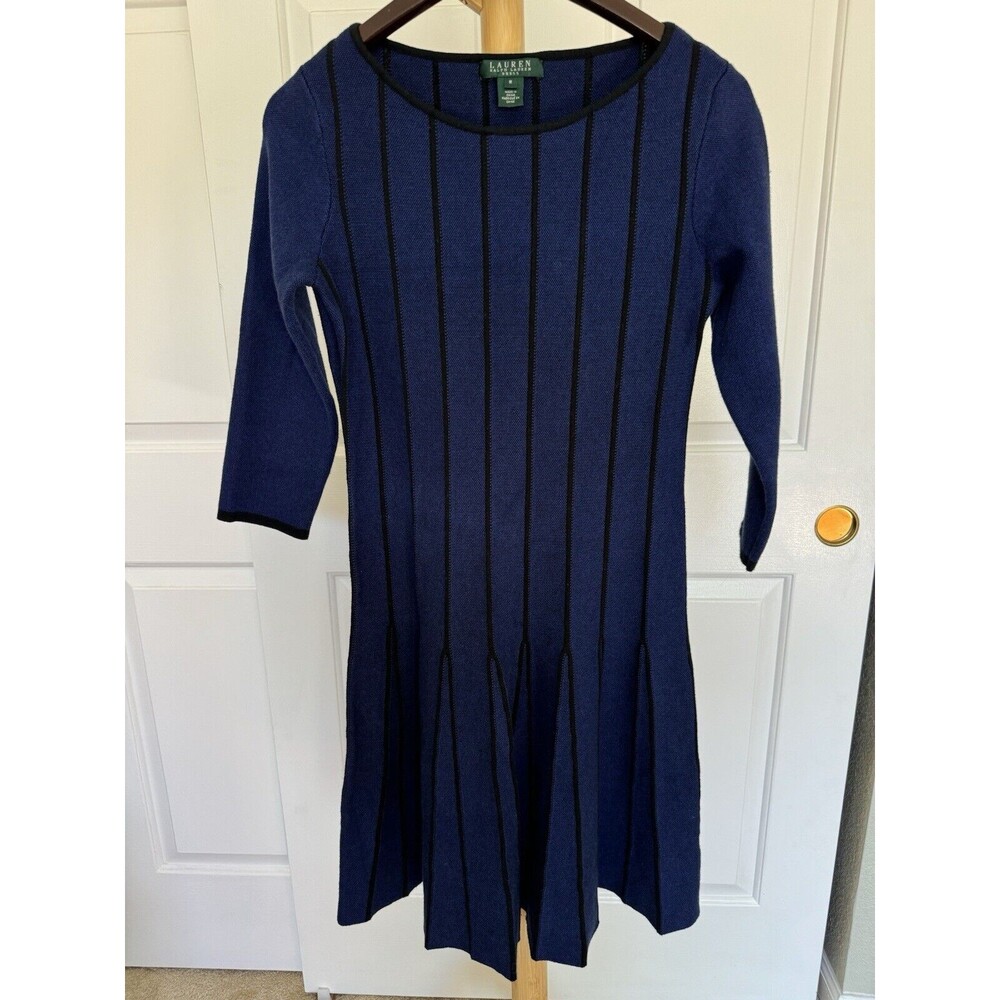 Lauren Ralph Lauren Women's Sweater Dress Blue M Stripe Pleated Preppy Career